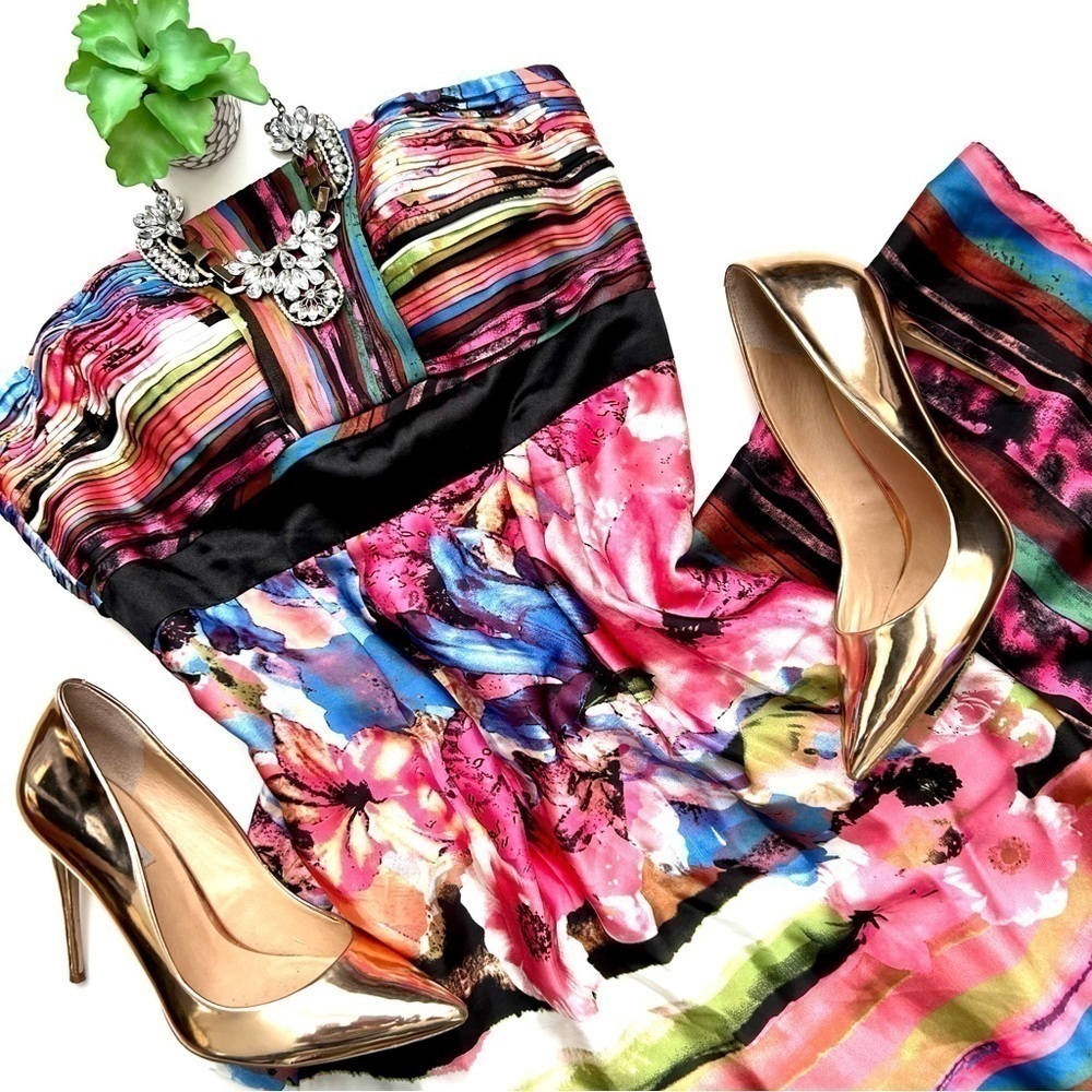 Sue Wong Colorful Watercolor Strapless Floral Pleated Gown Maxi Dress Size 6